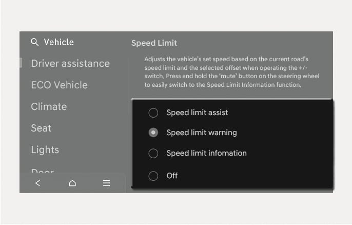 Intelligent Speed Limit Assist settings