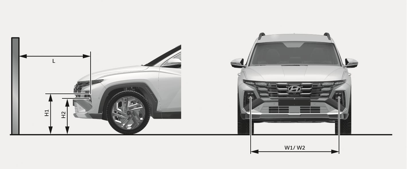 2025 Hyundai Tucson headlight aiming point diagram image. The side view shows distance L to a screen and heights H1 and H2 from the ground to the headlight centers. The front view shows the distance W1/W2 between the two headlight centers. It explains the measurement points for adjusting the headlight aim.