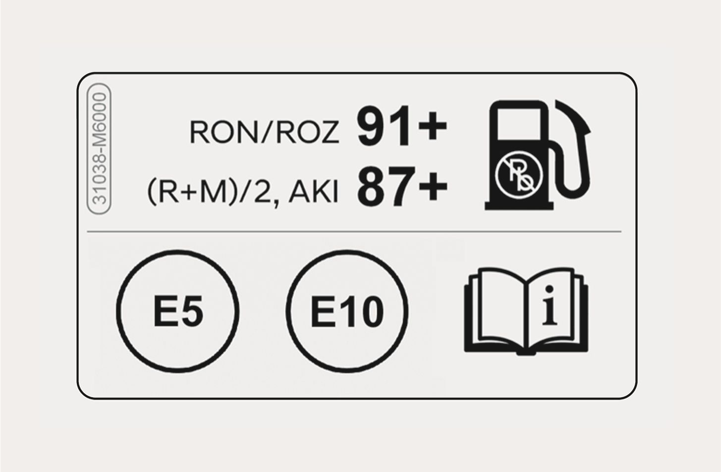 2025 Hyundai Tucson fuel label image. Displays 'RON/ROZ 91+' and '(R+M)/2, AKI 87+' text, a no-lead gas pump symbol, 'E5' and 'E10' circles, and a manual icon. Explains recommended unleaded gasoline octane ratings and compatible fuel types.