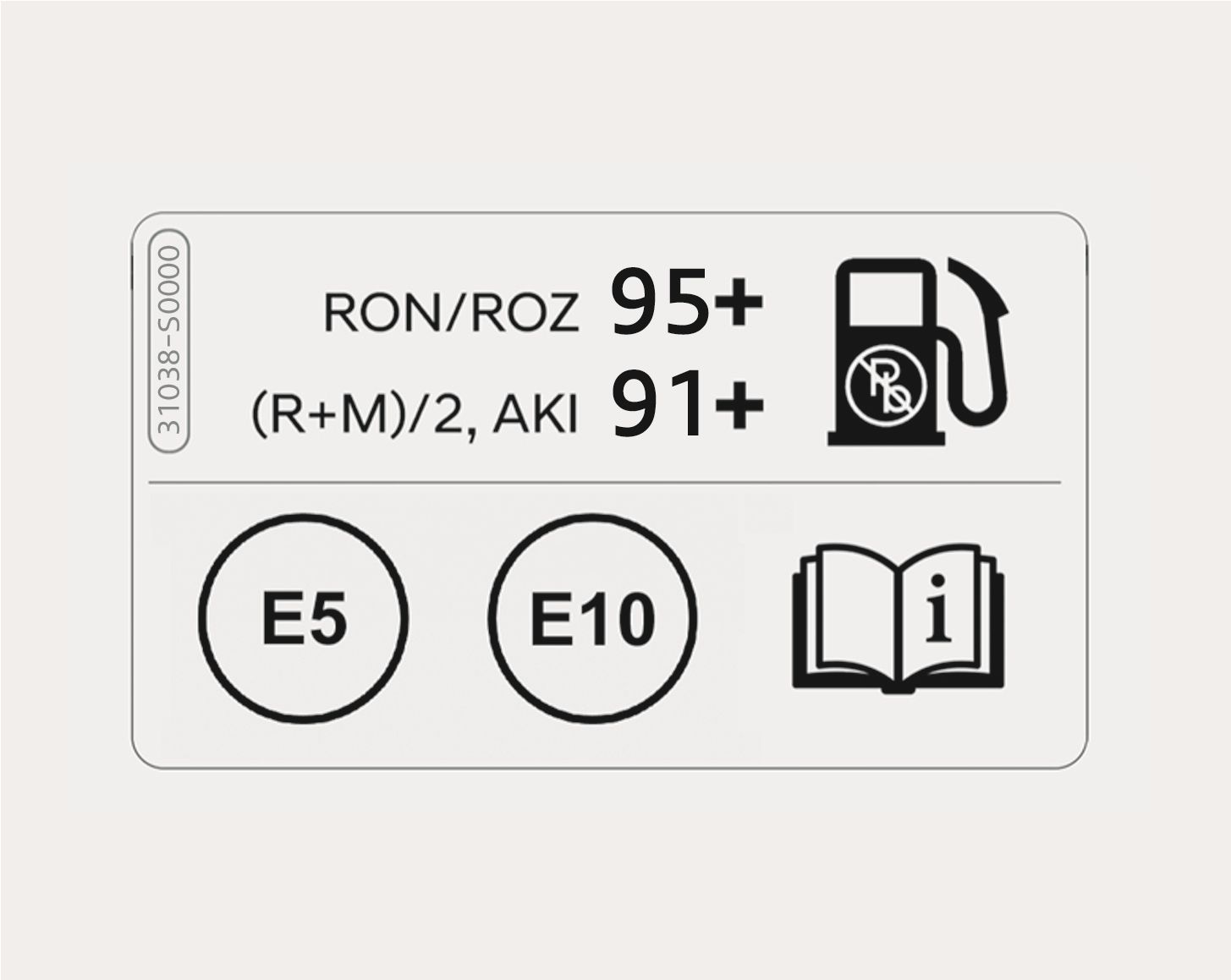 2025 Hyundai Tucson fuel label image for Europe. It displays 'RON/ROZ 95+' and 'AKI 91+' ratings, a gas pump symbol with crossed-out Pb, and 'E5', 'E10' circles. It explains the recommended unleaded gasoline octane ratings and compatible fuel types.