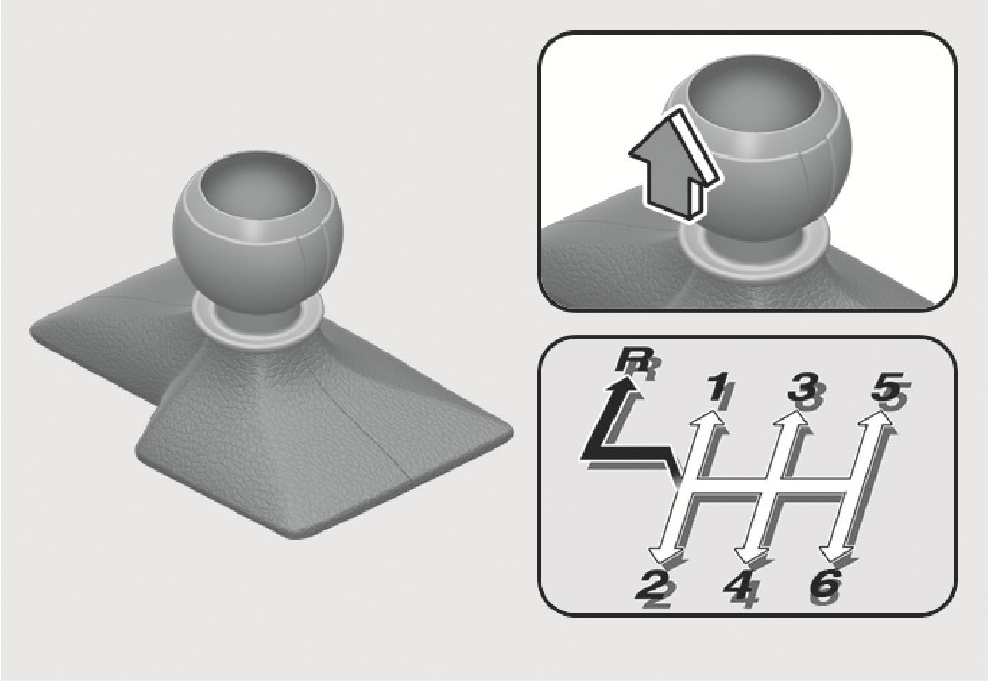 2025 Hyundai Tucson manual transmission gear shift lever image. It features the gear lever, a close-up with an upward arrow indicating to lift the collar under the knob, and a diagram of the 6-speed shift pattern with Reverse (R) positioned to the far left. Explains how to operate the gear shift and engage reverse gear.