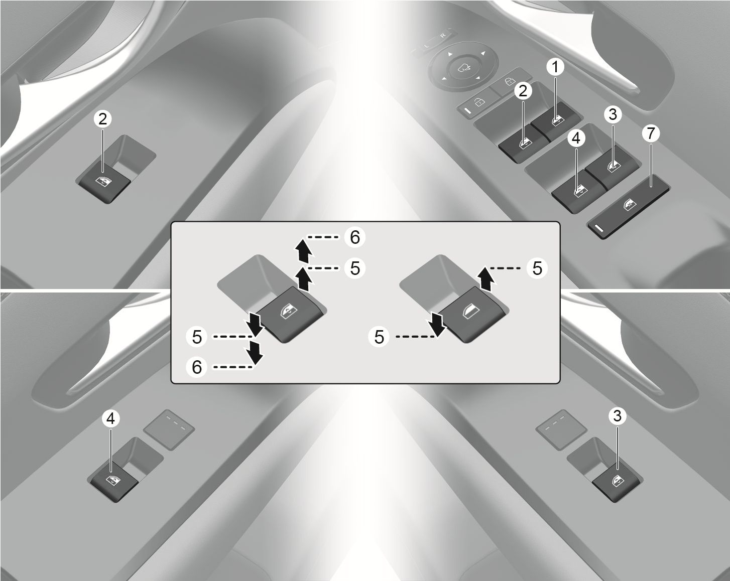 2025 Hyundai Tucson power window switches image. It shows the right-hand drive driver's door panel with switches (1, 2, 3, 4) and lock switch (7). A diagram uses vertical arrows to show pressing or pulling the switch (5) for manual control, and fully pressing or pulling (6) for automatic control. Explains the function of opening and closing windows.