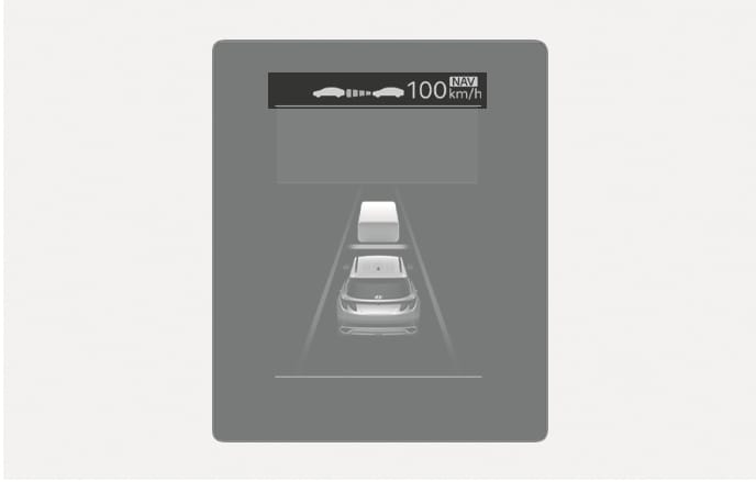 2025 Hyundai Tucson Driver assistance display image. The screen shows the host vehicle in a lane with a vehicle ahead, and top icons indicate Smart Cruise Control status with '100 km/h'. Explains the operation conditions of driver assistance systems.