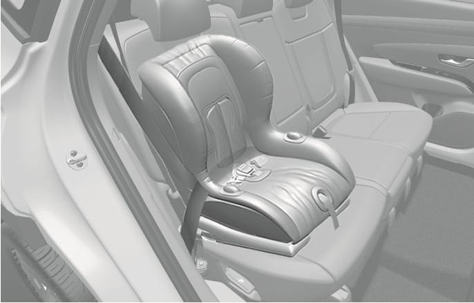 2025 Hyundai Tucson Child Restraint System installation image. A forward-facing child safety seat is placed on the rear seat, secured by the vehicle's seat belt routed through the seat frame. Describes the method of installing a Child Restraint System using the seat belt.