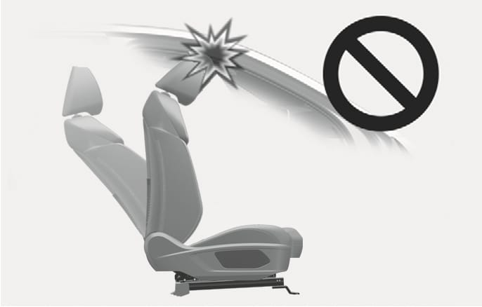 2025 Hyundai Tucson headrest adjustment caution image. A side view of a seat shows the seatback folded forward with a starburst graphic indicating the headrest hitting the vehicle interior. A prohibition symbol is overlaid. Warns that folding the seatback forward with the headrest raised can damage the sunvisor or other vehicle parts.