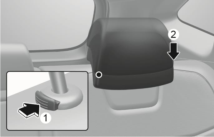 2025 Hyundai Tucson rear seat headrest reinstallation image. A downward arrow (2) on the headrest indicates the direction of insertion. An inset close-up shows the release button (1) being pressed. Explains the function of reinstalling the headrest by pressing the button while pushing the headrest down.