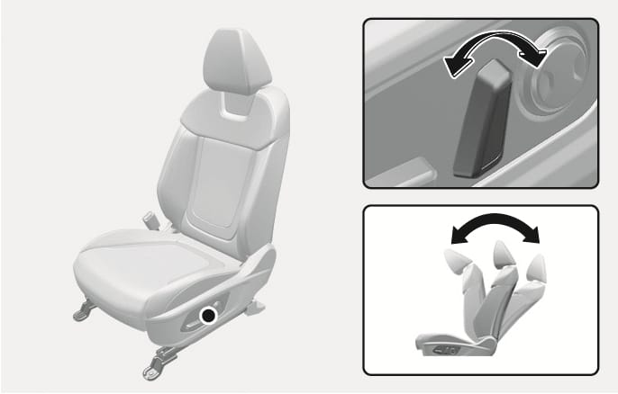 2025 Hyundai Tucson power seatback adjustment image. The image highlights the vertical switch on the seat cushion side. A black curved arrow indicates the switch operation, and a diagram shows the seatback reclining. This explains the function of adjusting the seatback angle.