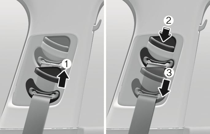 2025 Hyundai Tucson seat belt height adjustment image. The left panel shows a black upward arrow (1) indicating to pull the adjuster up to raise it. The right panel shows pressing the button (2) and a black downward arrow (3) indicating to push the adjuster down to lower it. This describes the function of adjusting the shoulder belt anchor height for optimal safety and comfort.