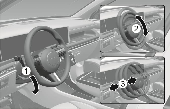 2025 Hyundai Tucson steering wheel manual adjustment image. A curved arrow indicates pulling down the lock-release lever (1). Inset views show the steering wheel adjusting vertically (2) and horizontally (3) with double-headed arrows. Explains the function of manually adjusting the steering wheel tilt and telescopic position.