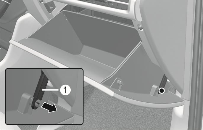 2025 Hyundai Tucson glove box support rod removal image. The image shows the open glove box with a detailed inset highlighting the support rod (1) on the right side. A black arrow points outwards, indicating the direction to detach the rod. Explains the step of removing the support rod to access the cabin air filter.
