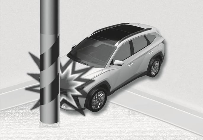 2025 Hyundai Tucson airbag non-inflation condition image. The vehicle is shown colliding with a vertical pole, with a starburst graphic at the front indicating a concentrated point of impact. Explains the condition where airbags may not inflate when the vehicle collides with objects like utility poles or trees.