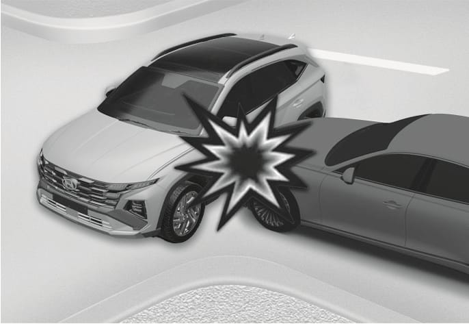 2025 Hyundai Tucson side crash scenario image. A grey sedan collides with the front side of a white SUV, highlighted by a starburst graphic. Illustrates why front air bags may not inflate in side impact collisions.