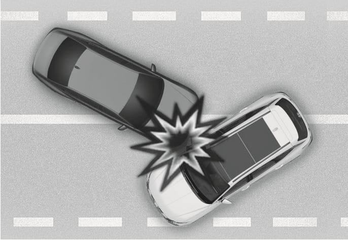 2025 Hyundai Tucson airbag non-inflation condition image. A top-down view shows a grey vehicle colliding with a white vehicle at an oblique angle, marked by a starburst symbol. Explains that airbags may not deploy in angled collisions where the force direction limits the airbag's effectiveness.