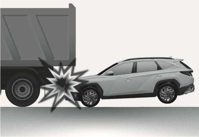 2025 Hyundai Tucson airbag non-inflation condition image. The illustration shows the vehicle's front end sliding under a truck's rear bed. It explains an underride situation where airbags may not deploy as the sensors detect reduced deceleration forces.