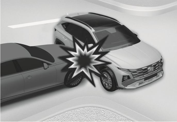 2025 Hyundai Tucson side airbag operating condition image. A dark vehicle is colliding with the side of the white SUV, with a starburst graphic highlighting the impact point. Explains the scenario where side and curtain air bags are designed to inflate upon detecting a side impact.