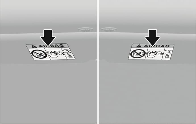 2025 Hyundai Tucson air bag warning label image. Black arrows point to the warning labels attached to the sun visors. The label features the text 'AIRBAG' and symbols prohibiting rear-facing child seats on seats with active airbags. Explains the location of the warning labels to alert passengers of potential risks.