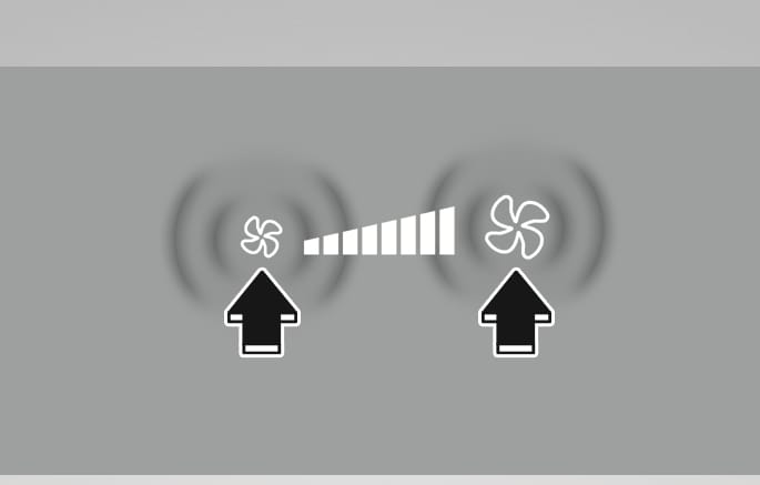 2025 Hyundai Tucson fan speed control image. A small fan icon on the left and a large fan icon on the right are displayed with a bar graph between them showing increasing levels. Black arrows point upwards to the buttons corresponding to the icons. Explains the function of setting the fan speed to the desired level.