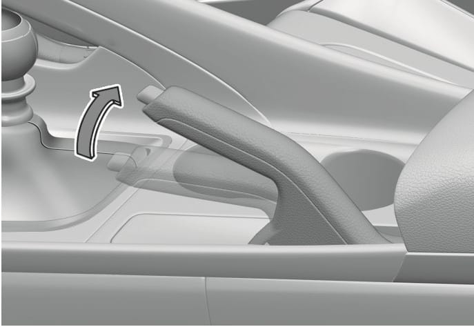 2025 Hyundai Tucson hand type parking brake image. A curved arrow indicates the upward pulling motion of the parking brake lever on the center console. This illustrates the operation of applying the parking brake.