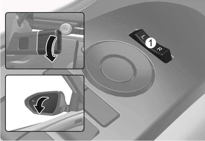 2025 Hyundai Tucson Reverse parking aid image. Shows the gear shift lever with a curved arrow indicating shifting to Reverse, a side mirror with a downward arrow, and the mirror switch (1) set to L or R. Explains the function where mirrors tilt down to aid parking when reversing with the switch selected.