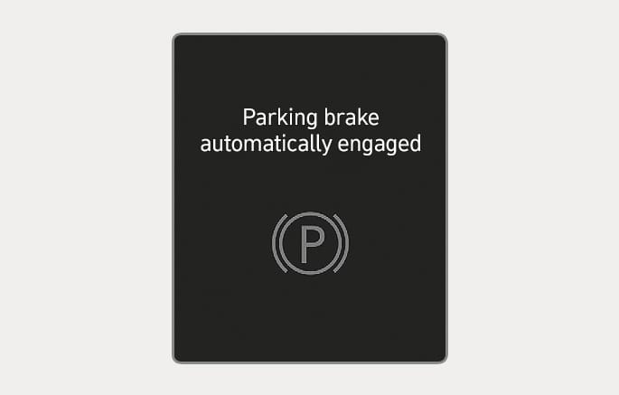 2025 Hyundai Tucson instrument cluster message image. The screen displays the text 'Parking brake automatically engaged' above a parking brake symbol, which is a letter 'P' inside a circle with parentheses. Explains the notification shown when the Electronic Parking Brake is automatically engaged.