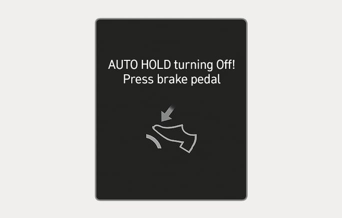 2025 Hyundai Tucson instrument cluster warning message image. The screen displays the text 'AUTO HOLD turning Off! Press brake pedal' along with an icon of a foot pressing a brake pedal indicated by a downward arrow. This explains the warning message displayed to alert the driver to press the brake pedal as the Auto Hold function is being deactivated.