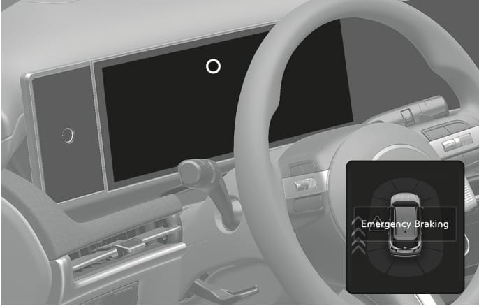 2025 Hyundai Tucson instrument cluster display image. The screen shows a vehicle graphic with the text 'Emergency Braking' and rear detection zones. This illustrates the warning displayed when the Blind-Spot Collision-Avoidance Assist system activates emergency braking to prevent a collision.