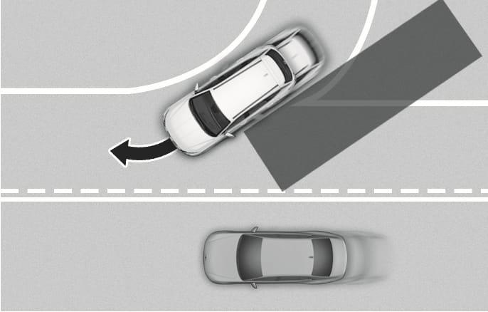 2025 Hyundai Tucson Blind-Spot Collision-Avoidance Assist image. A white vehicle merges into the adjacent lane, indicated by a black curved arrow, with a grey vehicle approaching in the dark grey detection zone. This illustrates the system's detection range during a road merging scenario.
