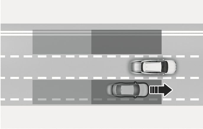 2025 Hyundai Tucson Blind-Spot Collision-Avoidance Assist operation image. A grey vehicle with a forward-pointing black arrow is shown next to a white vehicle positioned within the dark grey shaded detection zones. Explains the function of detecting a vehicle in the blind spot.