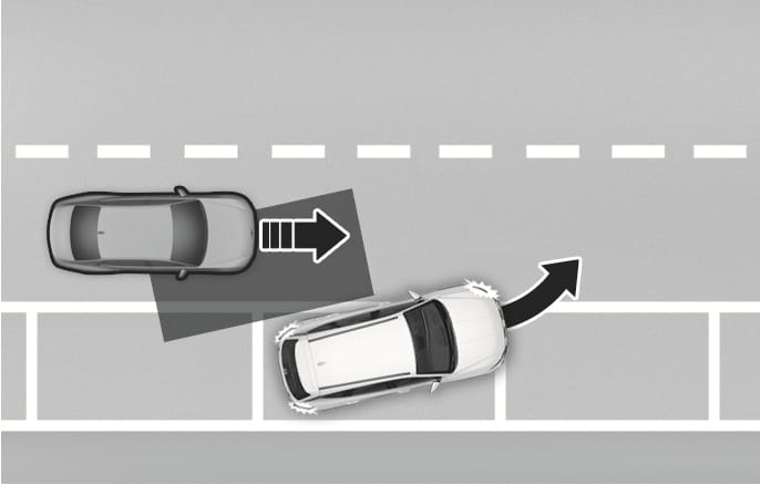 2025 Hyundai Tucson Blind-Spot Collision-Avoidance Assist operation image. A white vehicle exits a parallel parking space while a grey vehicle approaches from the rear, indicated by directional arrows and a shaded detection zone. Jagged lines on the white vehicle illustrate the system applying brakes to help avoid a collision.