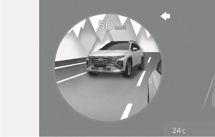 2025 Hyundai Tucson Blind-Spot View Monitor image. A circular display shows the left rear-side view of the road with a vehicle in the adjacent lane. A white arrow points to the left, and '50 km/h' is displayed. This explains the function of displaying the blind spot area when the turn signal is activated.