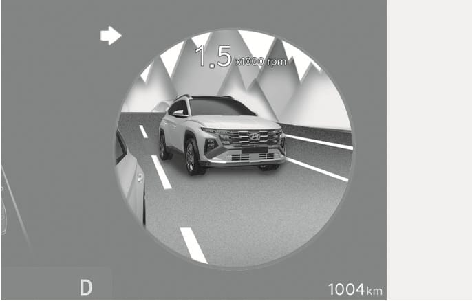 2025 Hyundai Tucson Blind-Spot View Monitor right side view image. A circular display on the instrument cluster shows the right rear blind spot area with a vehicle on the road. A right arrow icon and '1.5 x1000 rpm' text are visible. Explains the function of displaying the blind spot view when the right turn signal is activated.