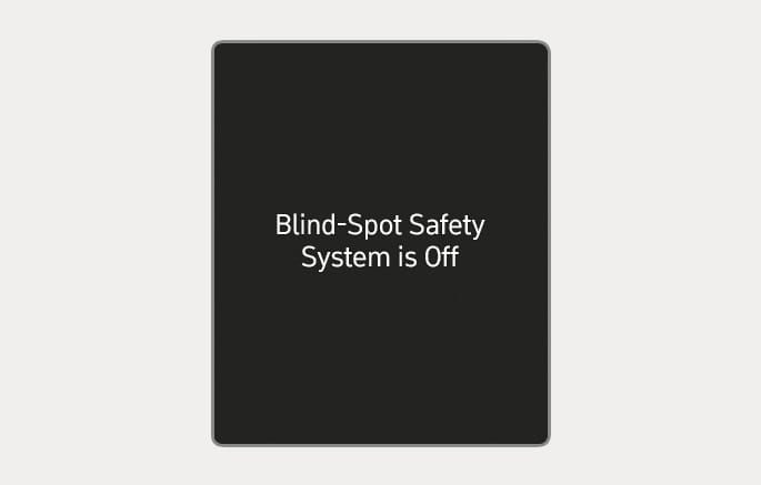 2025 Hyundai Tucson Blind-Spot Safety System Off message image. The instrument cluster displays the text 'Blind-Spot Safety System is Off' in white on a black background. Explains the notification shown when the Blind-Spot Collision-Avoidance Assist is turned off.