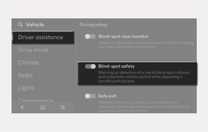 2025 Hyundai Tucson Blind-spot safety settings image. The screen displays the 'Driver assistance' menu with 'Blind-spot safety' enabled. It explains the function of warning on detection of blind-spot collision risks and automatic vehicle control.