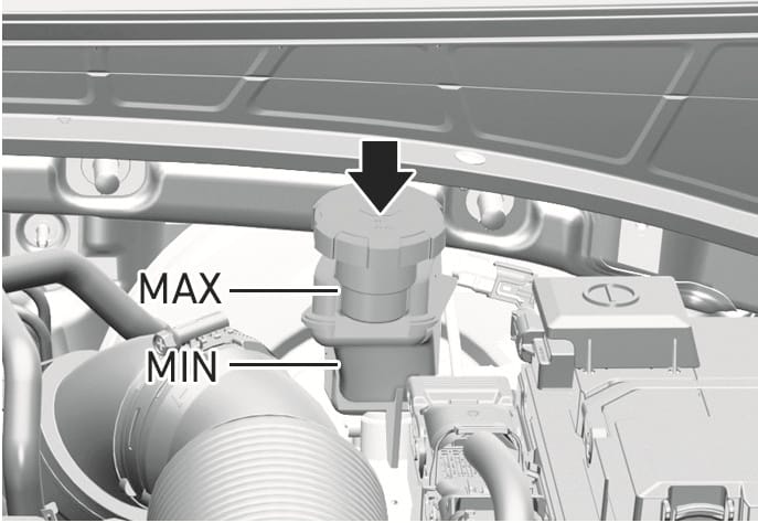2025 Hyundai Tucson brake/clutch fluid reservoir image. A black arrow points downward to the reservoir cap. The side of the reservoir features 'MAX' and 'MIN' markings. Explains how to locate the filler cap and check the fluid level.