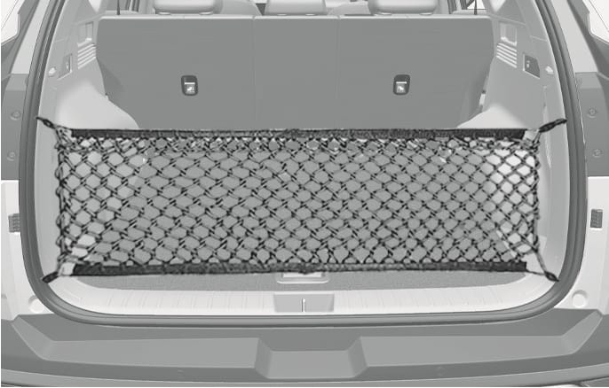2025 Hyundai Tucson luggage net image. A black mesh net is installed horizontally in the cargo area, attached to holders on the side trims. Explains the function of securing items to prevent them from shifting in the cargo area.