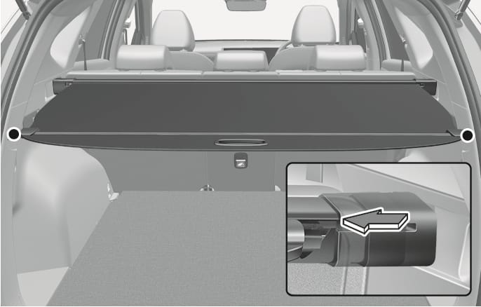 2025 Hyundai Tucson cargo security screen removal image. An inset view shows a white arrow pointing inward on the screen bar end. This describes the function of compressing the spring to release the screen from the vehicle.