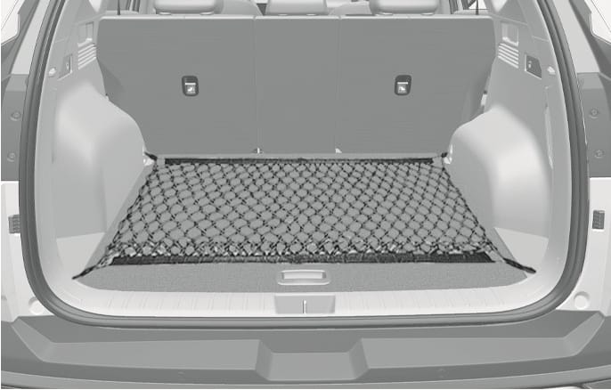 2025 Hyundai Tucson luggage net image. A black mesh net is laid flat on the cargo board, securely hooked to four holders at the corners. Explains the function of attaching the cargo net to the holders to keep items from shifting in the cargo area.