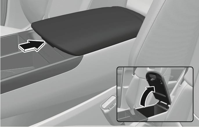 2025 Hyundai Tucson center console storage image. A black arrow points to the release button on the front of the closed armrest lid. An inset image displays the lid in an open position with a curved black arrow indicating the upward lifting motion. Explains the function of opening the center console storage compartment by pressing the button.