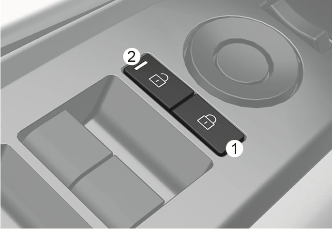 2025 Hyundai Tucson Central Door Lock Button image. The image displays the central door lock switch on the interior panel, featuring a lock button (1) with a closed padlock icon and an unlock button (2) with an open padlock icon. Explains the function of locking and unlocking all vehicle doors using the central switch.