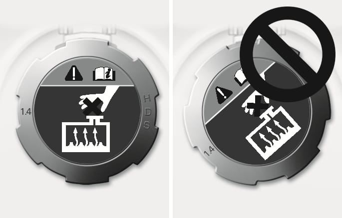 2025 Hyundai Tucson engine coolant cap alignment image. The left shows the cap with the label aligned horizontally straight. The right shows the cap rotated with a prohibition symbol overlaid. Explains how to check if the coolant cap is properly closed by ensuring the label is straight.