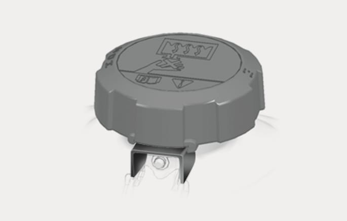 2025 Hyundai Tucson coolant cap alignment image. The grey cap displays a warning label with steam and hand icons on top. It illustrates the function of checking if the label is straight in front to ensure the cap is securely locked.