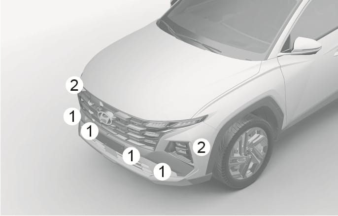 2025 Hyundai Tucson detecting sensors image. The front view shows callout (1) indicating the front ultrasonic sensors on the bumper and callout (2) indicating the front side ultrasonic sensors. This explains the sensor locations for Remote Smart Parking Assist.