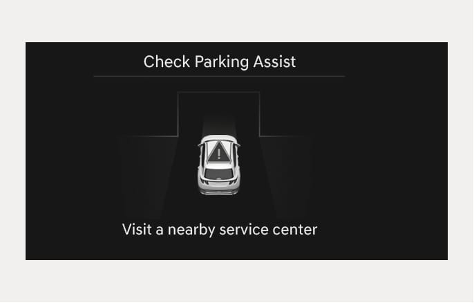 2025 Hyundai Tucson Remote Smart Parking Assist check warning image. The screen displays 'Check Parking Assist' and 'Visit a nearby service center' text. A white vehicle graphic features a triangle warning icon with an exclamation mark. This explains the warning message displayed when the system malfunctions.
