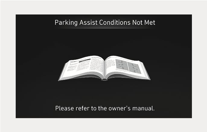 2025 Hyundai Tucson Remote Smart Parking Assist standby warning message image. The screen displays the text 'Parking Assist Conditions Not Met' at the top and 'Please refer to the owner's manual.' at the bottom, with an open book icon in the center. This describes the warning message displayed when the Remote Smart Parking Assist conditions are not met while in standby.