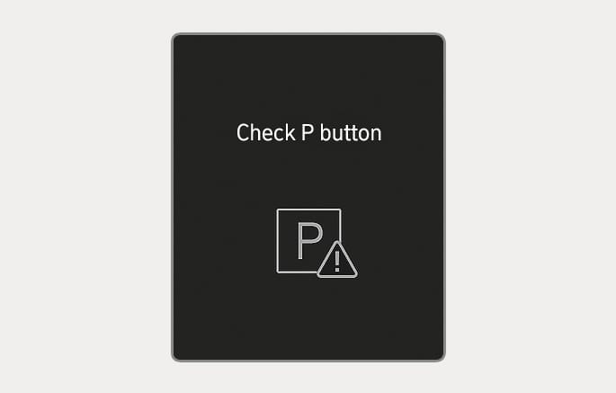 2025 Hyundai Tucson Check P button warning message image. The cluster screen displays the text 'Check P button' above a square icon containing the letter 'P' with a warning triangle and exclamation mark. This explains the notification shown when there is a problem with the P button.