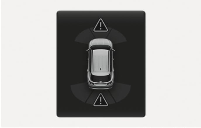 2025 Hyundai Tucson Parking Distance Warning check image. A top-down view of the vehicle displays triangle icons with exclamation marks at the front and rear detection zones. This explains the cluster warning shown when ultrasonic sensors are blocked or malfunctioning.