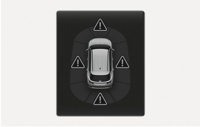 2025 Hyundai Tucson ultrasonic sensor warning display image. A top-down view of the vehicle shows triangle icons with exclamation marks positioned at the front, rear, and sides. Explains the cluster display indicating the direction of blocked or malfunctioning ultrasonic sensors.