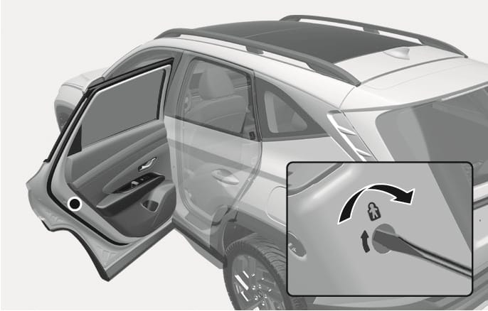 2025 Hyundai Tucson child-protector rear door lock image. Shows the lock on the rear door edge. An inset depicts a tool turning the slot towards the child icon, guided by a curved arrow. Explains the function of locking the door to prevent opening from inside.