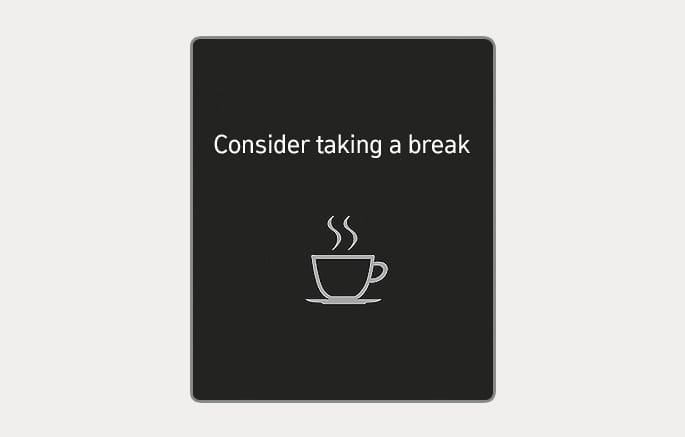 2025 Hyundai Tucson Driver Attention Warning screen image. The display shows the message 'Consider taking a break' above a white coffee cup icon with steam. This explains the function that suggests the driver take a rest when attention level is low.