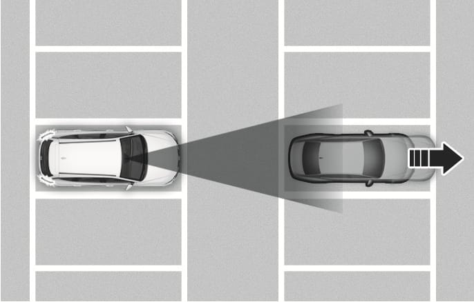 2025 Hyundai Tucson Leading Vehicle Departure Alert in a parking lot image. A grey vehicle in front moves away to the right, indicated by a black arrow, while the white vehicle displays alert signals at the rear. Explains the situation where the system alerts the driver that a parked vehicle is driving away.